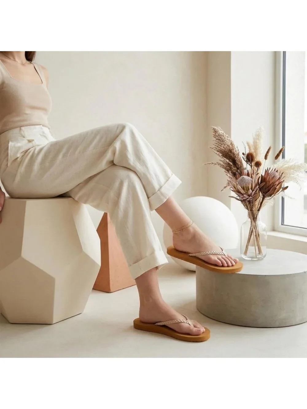 Women's Cream Summer Comfortable Slim Braided  Flip Flop Beach Thong Flat Sandal